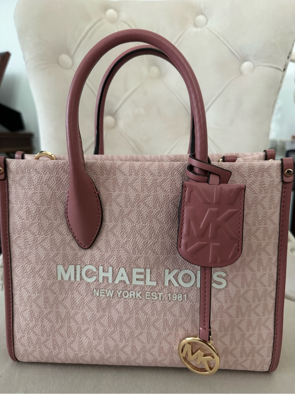 Michael Kors Mirella small shopper tote Blush Pink Logo Satchel with Gold Charm